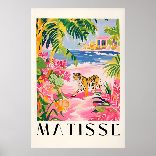 Rosa Tigerkonsttryck Strandig Matisse-stil Väggkon Poster (Framsidan)