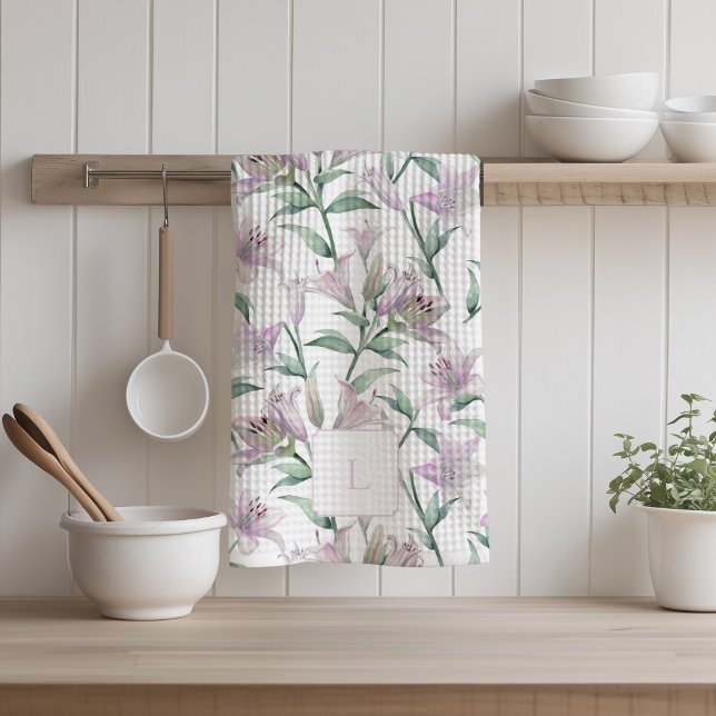 Rosa Tigerliljor med Monogram  Kökshandduk (Lilies Pink Kitchen Towel)