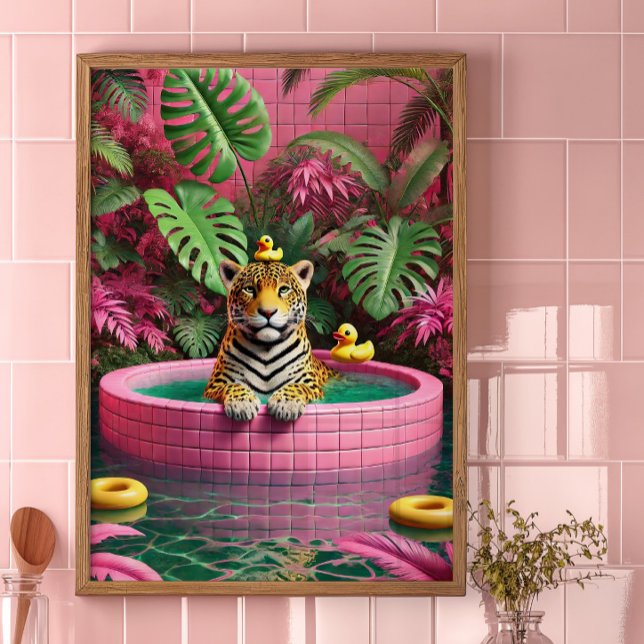 Rosa Tigerpoolaffisch Maximalistisk Djungelväggsko Poster (Skapare uppladdad)