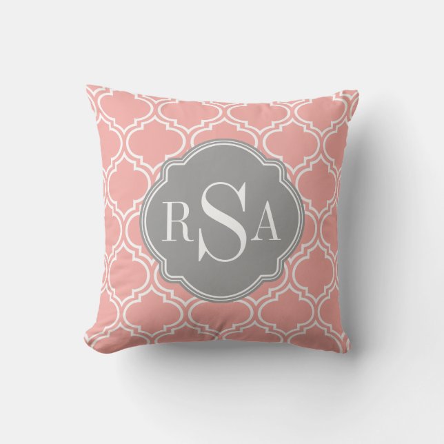  Rosa Tile Lattice Mönster Grått Monogram Kudde (Framsida)