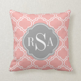 Rosa Tile Lattice Mönster Grått Monogram Kudde