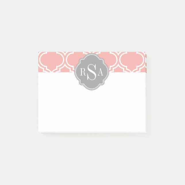  Rosa Tile Lattice Mönster Grått Monogram Post-it Block (Framsida)