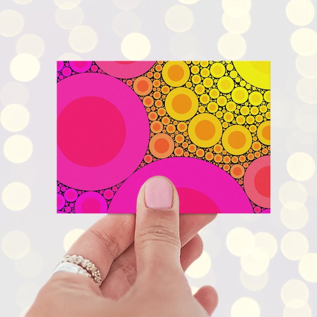 Rosa till gula cirklar mosaik visitkort (Unique Black Hot Pink Gold and Yellow Mosaic Art Business Cards)