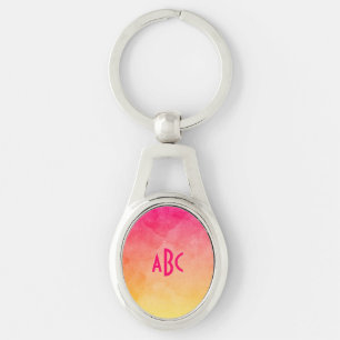 Rosa till Gult Vattenfärgsombre Monogram Ovalt Silverfärgad Nyckelring