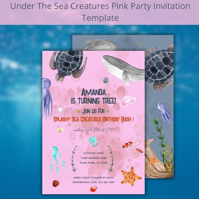 Rosa till Ocean Animals Turtle Kids Party-inbjudan Inbjudningar (Skapare uppladdad)