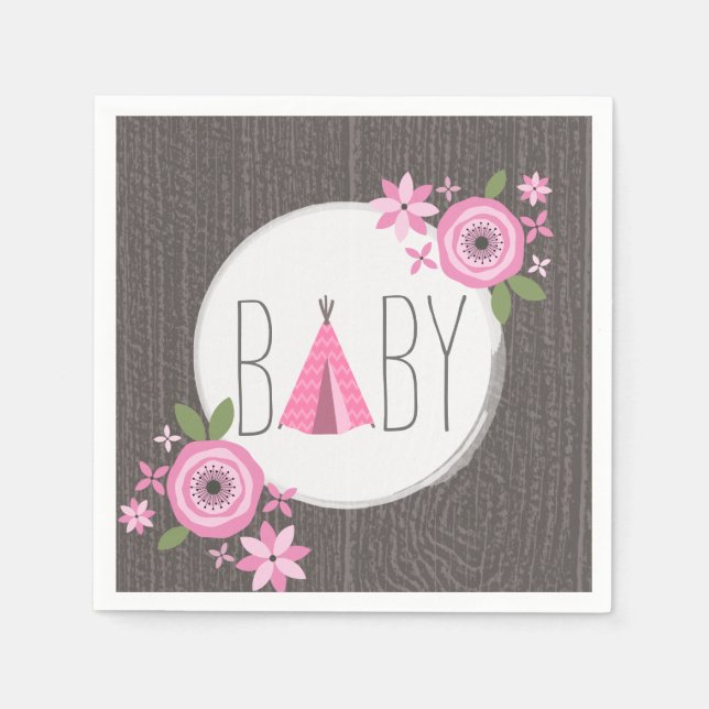 Rosa Tipi Baby Shower Pappersservett (Framsidan)