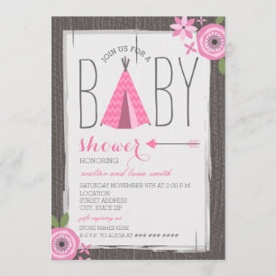 Rosa Tipi Blommigt Flickbabyskor Inbjudningar