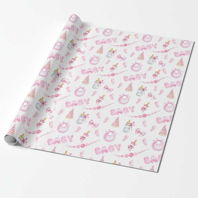 Rosa tjej Bebis firande Presentpapper (Utrullad)