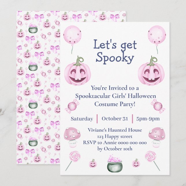 Rosa tjejig Halloween-fest inbjudan (Fram/baksida)