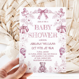 Rosa Toalett Björn Blommig Flick Baby Shower  Inbjudningar