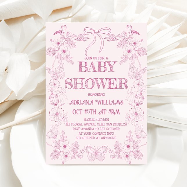 Rosa Toile Blommig Flickbaby Invitation till Bebis Inbjudningar (Skapare uppladdad)