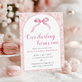 Rosa Toile Coquette Bow 1:a födelsedagsflicka Inbjudan Vykort