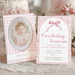 Rosa Toile Coquette Bow 1:a födelsedagsflicka Inbjudningar