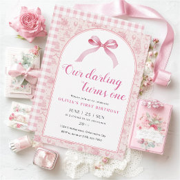 Rosa Toile Coquette Bow 1:a födelsedagsflicka Inbjudningar