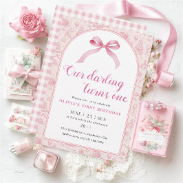 Rosa Toile Coquette Bow 1:a födelsedagsflicka Inbjudningar