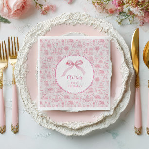 Rosa Toile Coquette Bow 1:a födelsedagsflicka Pappersservett