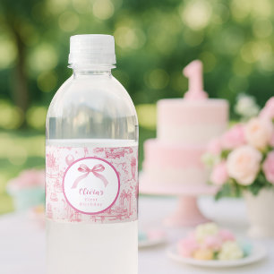 Rosa Toile Coquette Bow 1:a födelsedagsflicka Vattenflaskor Etikett