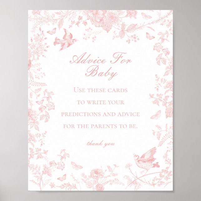 Rosa Toile de Jouy Advice for Baby Shower Game Poster (Framsidan)
