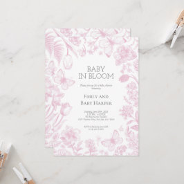 Rosa Toile de Jouy Baby in Bloom Baby Shower Inbjudningar