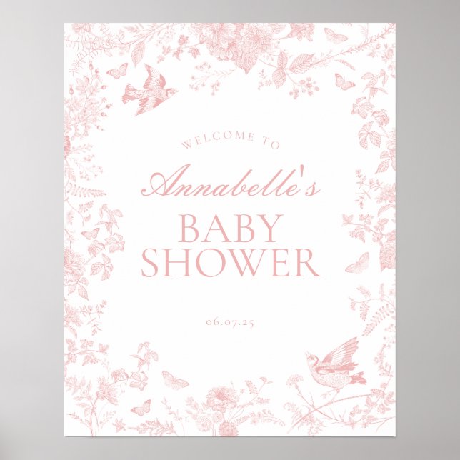 Rosa Toile de Jouy Baby Shower Välkomstskylt Poster (Framsidan)