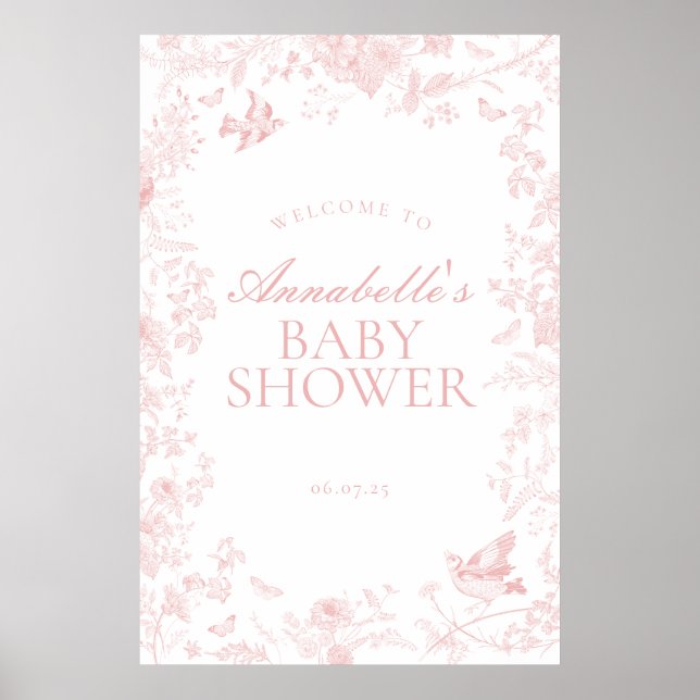 Rosa Toile De Jouy Blommigt Baby Shower Välkomstsk Poster (Framsidan)