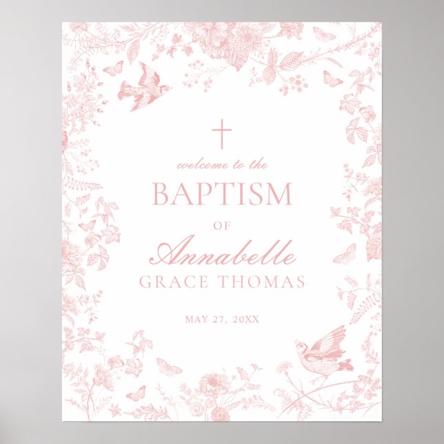 Rosa Toile De Jouy Blommigt Baptism Välkomstecken Poster (Framsidan)