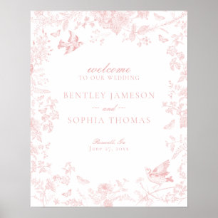 Rosa Toile De Jouy Blommigt Bröllop Välkomstskylt Poster