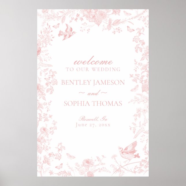 Rosa toile de jouy blommigt bröllop välkomstskylt poster (Framsidan)