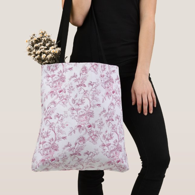 Rosa Toile De Jouy Blommotiv Tygkasse (Närbild)