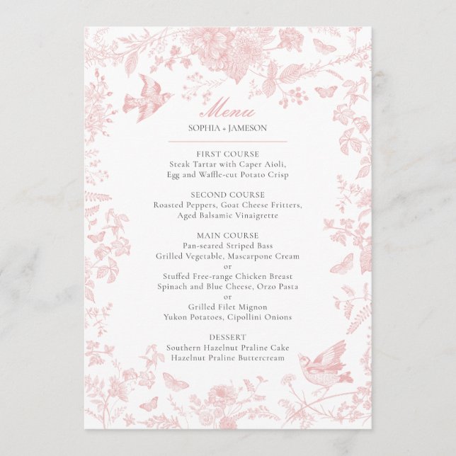 Rosa Toile de Jouy Bröllop Menu Meny (Framsida)
