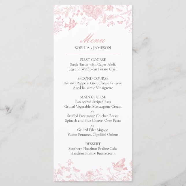 Rosa Toile de Jouy Bröllop Menu Meny (Framsida)