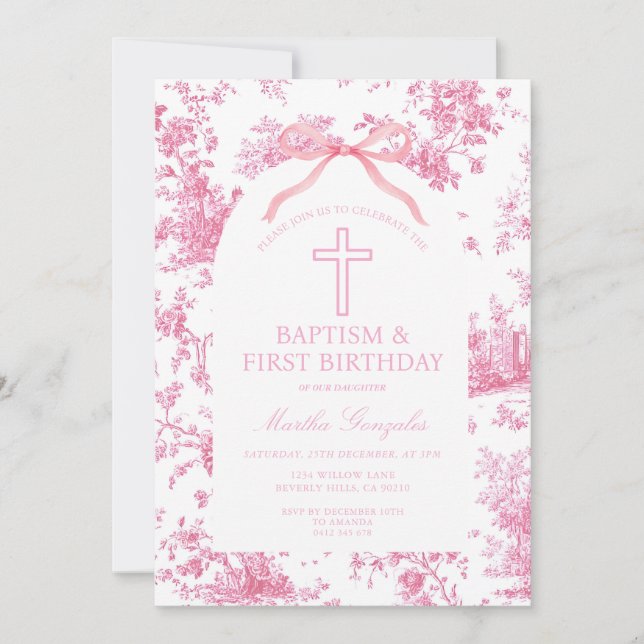 Rosa Toile de Jouy Dop- och Första Födelsedagsbåge Inbjudningar (Framsida)