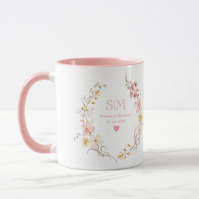 Rosa Toile De Jouy eller blommonogram för bröllop Mugg (Vänster)