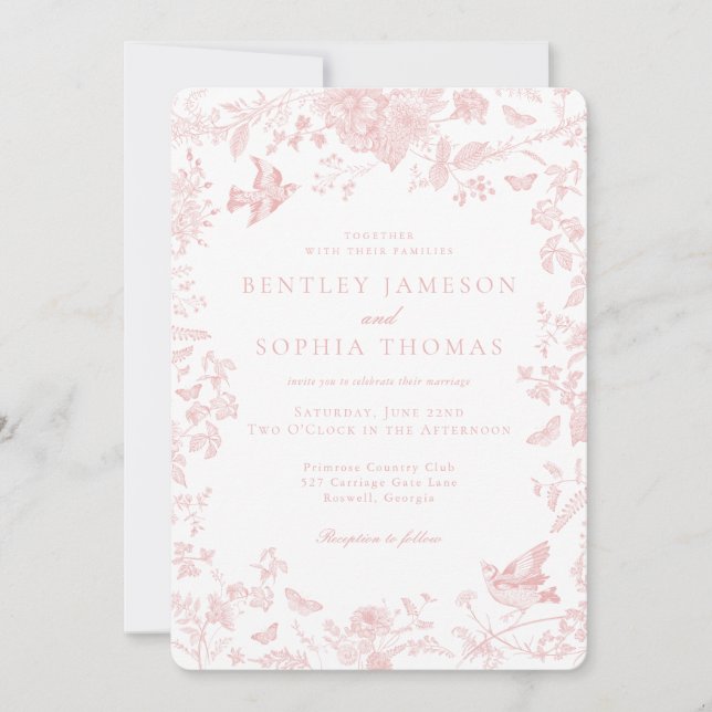 Rosa Toile De Jouy Fransk Blommig Bröllop Inbjudningar (Framsida)