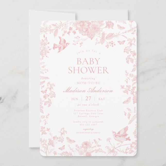 Rosa Toile De Jouy Fransk Blommigt Baby Shower Inbjudningar (Framsida)