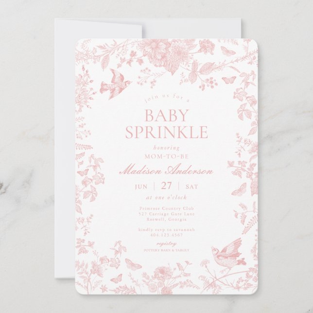 Rosa Toile De Jouy Fransk Blommigt Baby Sprinkle Inbjudningar (Framsida)