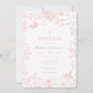 Rosa Toile De Jouy Fransk Blommigt Baptism Inbjudningar