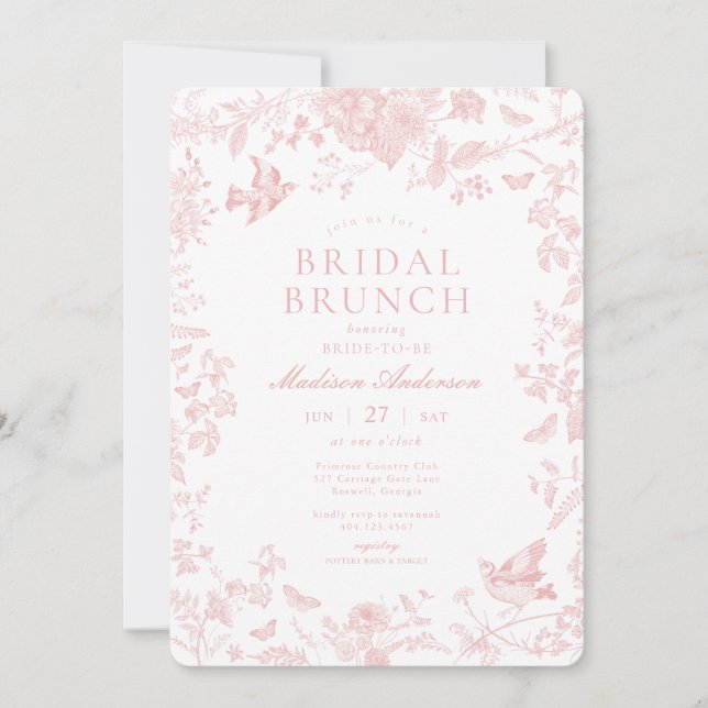 Rosa Toile De Jouy Fransk Blommigt Möhippa Brunch Inbjudningar (Framsida)