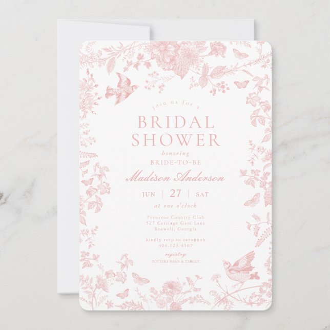 Rosa Toile De Jouy Fransk Blommigt Möhippa Inbjudningar (Framsida)