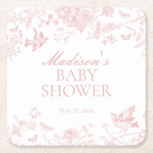 Rosa Toile De Jouy Vintage Blommigt Baby Shower Underlägg Papper Kvadrat