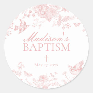 Rosa Toile De Jouy Vintage Blommigt Baptism Runt Klistermärke