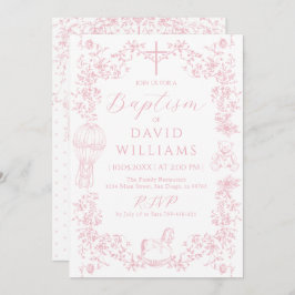 Rosa Toile Girl Baptism Elegant Digital Inbjudningar
