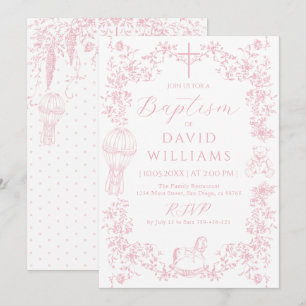 Rosa Toile Girl Baptism Elegant Digital Inbjudningar