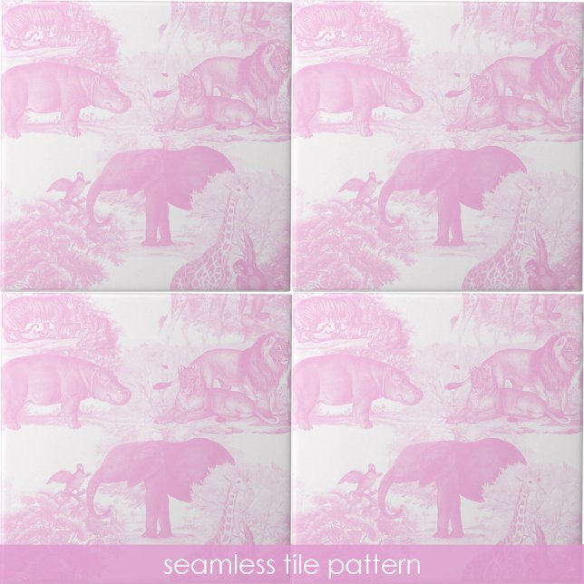 Rosa Toile Jungle Animals Safari Seamless Mönster Kakelplatta (Pink Toile Jungle Animals Safari Seamless Pattern Ceramic Tile)