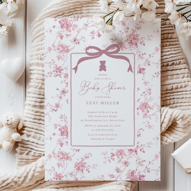 Rosa Toile Nalle Baby Shower Inbjudningar (Skapare uppladdad)