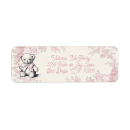Rosa Toile Nalle Baby Shower Returadress Etikett