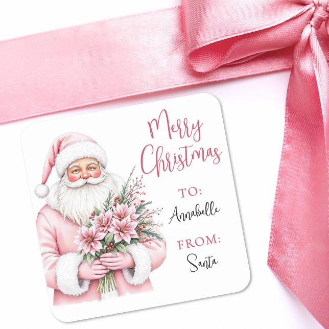 Rosa tomtepresentens etikett dekaler (Pink Santa Merry Christmas Gift Tag Sticker)