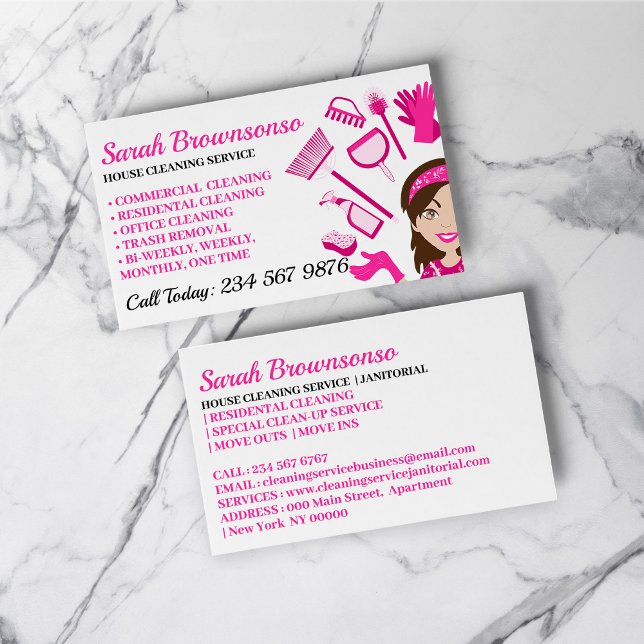 Rosa toner Städhjälp, Reparation, Underhåll Dame Visitkort (Pink Tones Cleaning, Repairing, Maintenance Lady Business Card)