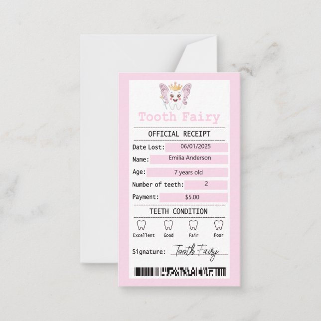 Rosa Tooth Fairy Receive Flat Note Card Anteckningskort (Framsida)