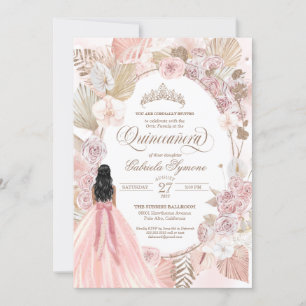  Rosa Torkad Blommigt Ro Boho Quinceanera Inbjudningar
